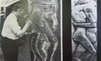Walter Ritchie sculpting low relief in brickwork. 'Brick is love' 1973