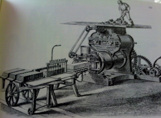 Extruder, fed by man and wire cutter Clayton machine 1860