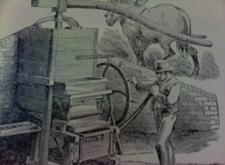 Pugmill for mixing clay - horse powered. 1846